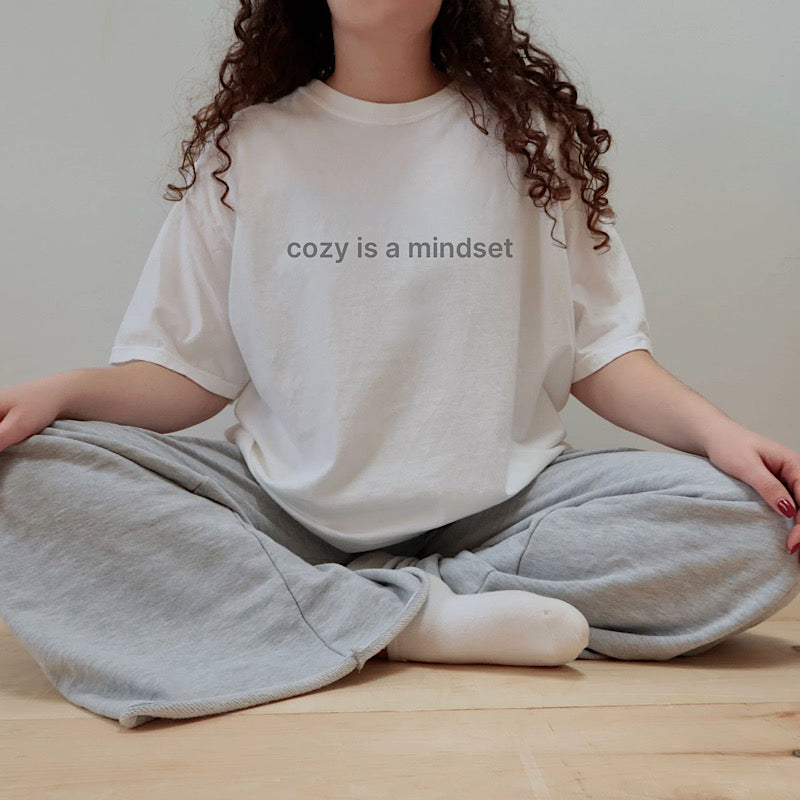 Minimal cozy affirmation shirt with “Cozy Is a Mindset” text design