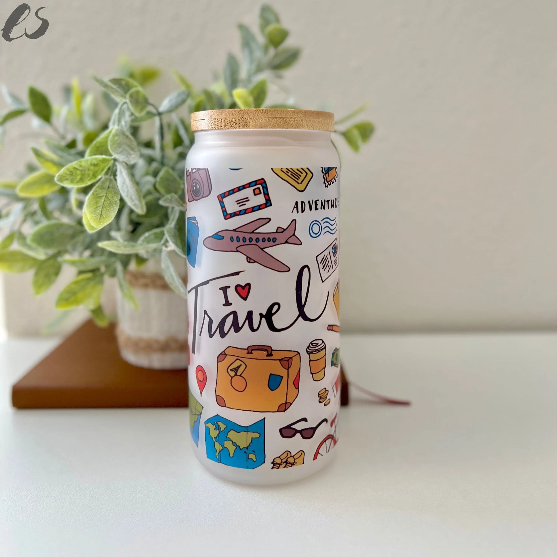 I Heart Travel Hand-drawn Icons 20oz Frosted Glass Cup Existential Studio by An