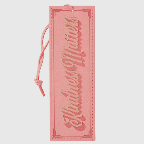 Pink faux leather bookmark with gold foil “Kindness Matters” text, matte finish, inspirational gift for readers