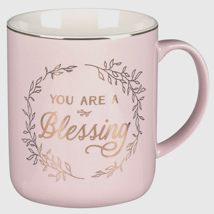 Soft pink ceramic mug with gold foil “You Are A Blessing” message, uplifting Christian gift mug