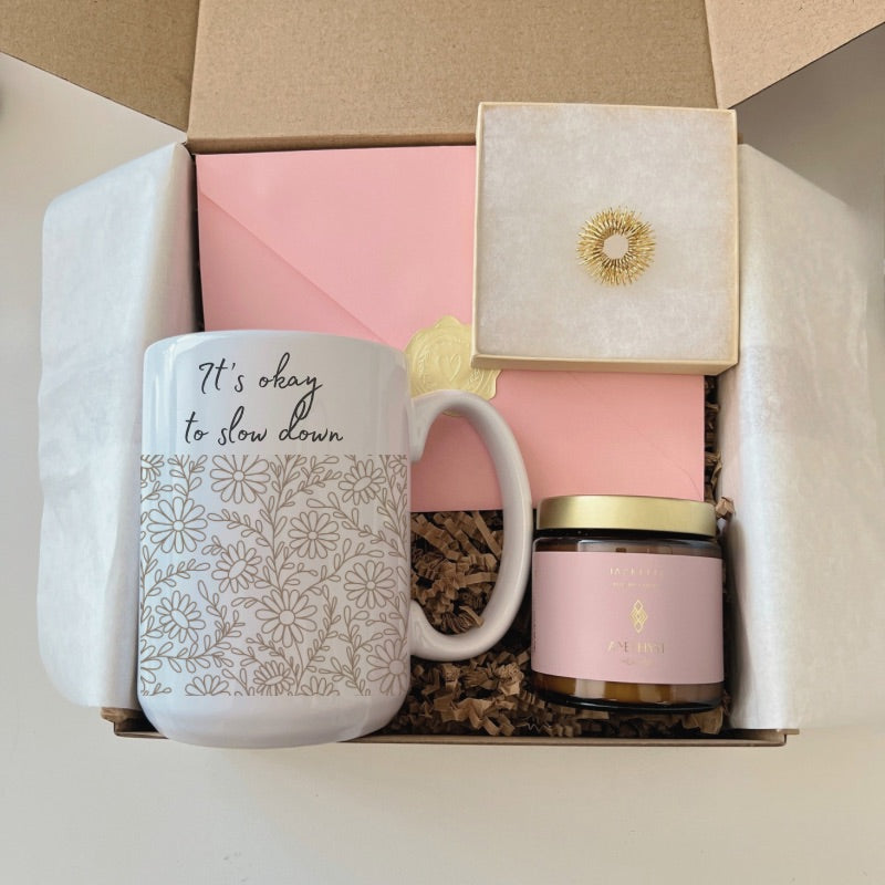 Self-care mini gift box with chamomile mug, gold acupressure ring, crystal candle, and affirmation card