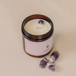 Amber and sandalwood crystal candle with Amethyst stone for healing and relaxation, hand-poured soy wax