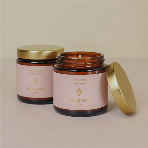 Vanilla-scented soy candle with Rose Quartz crystal for love and self-care, handcrafted and toxin-free
