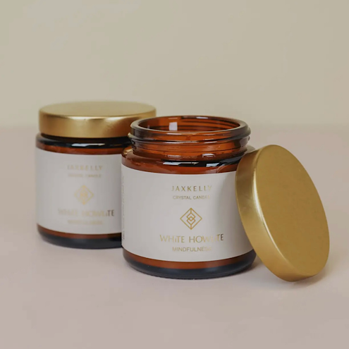 Spruce and cedarwood crystal candle with White Howlite for calm and grounding, clean-burning soy wax
