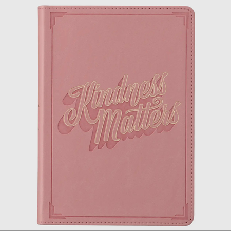 Soft pink faux leather journal with gold foil “Kindness Matters” cover, gilt-edged pages, Christian gift notebook