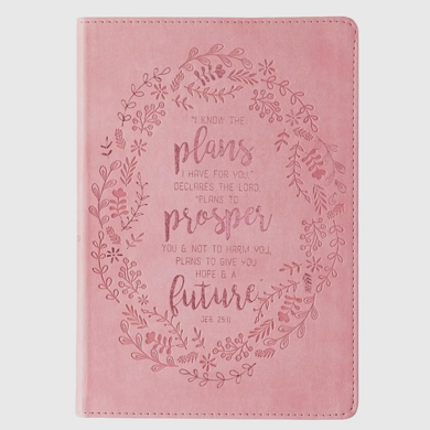 Jeremiah 29:11 pink faux leather journal with floral debossed design, Scripture on each page, inspirational gift
