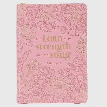 Psalm 118:14 zippered pink journal with gold foil accents, Christian devotional notebook with Scripture pages

