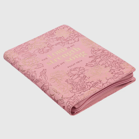 Psalm 118:14 zippered pink journal with gold foil accents, Christian devotional notebook with Scripture pages

