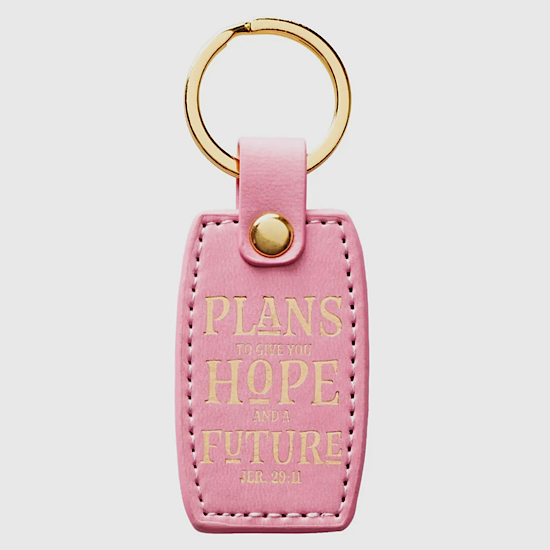 Pink faux leather keychain with Jeremiah 29:11 and gold foil wildflower design, hope-filled Christian gift
