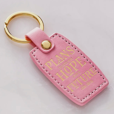 Pink faux leather keychain with Jeremiah 29:11 and gold foil wildflower design, hope-filled Christian gift

