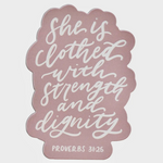 Floral pink Proverbs 31:25 magnet with hand-lettered text, Scripture home decor, encouragement gift