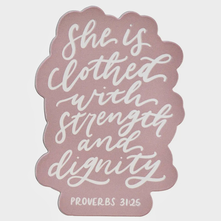 Floral pink Proverbs 31:25 magnet with hand-lettered text, Scripture home decor, encouragement gift