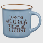 Blue and white ceramic camp mug with Philippians 4:13, faith-based Christian coffee mug for men or women
