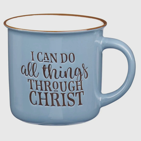 Blue and white ceramic camp mug with Philippians 4:13, faith-based Christian coffee mug for men or women
