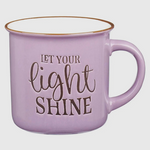 Purple and white ceramic camp mug with inspirational “Let Your Light Shine” message, joyful gift mug
