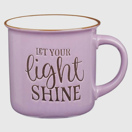 Purple and white ceramic camp mug with inspirational “Let Your Light Shine” message, joyful gift mug
