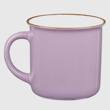 Purple and white ceramic camp mug with inspirational “Let Your Light Shine” message, joyful gift mug
