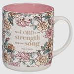 Pink floral ceramic mug with Psalm 118:14 and gold foil detail, encouraging Christian coffee mug

