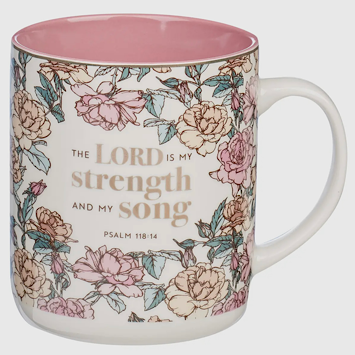 Pink floral ceramic mug with Psalm 118:14 and gold foil detail, encouraging Christian coffee mug
