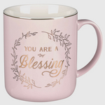 Soft pink ceramic mug with gold foil “You Are A Blessing” message, uplifting Christian gift mug