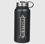 Matte black insulated water bottle with laser-engraved Joshua 1:9, durable Christian fitness bottle