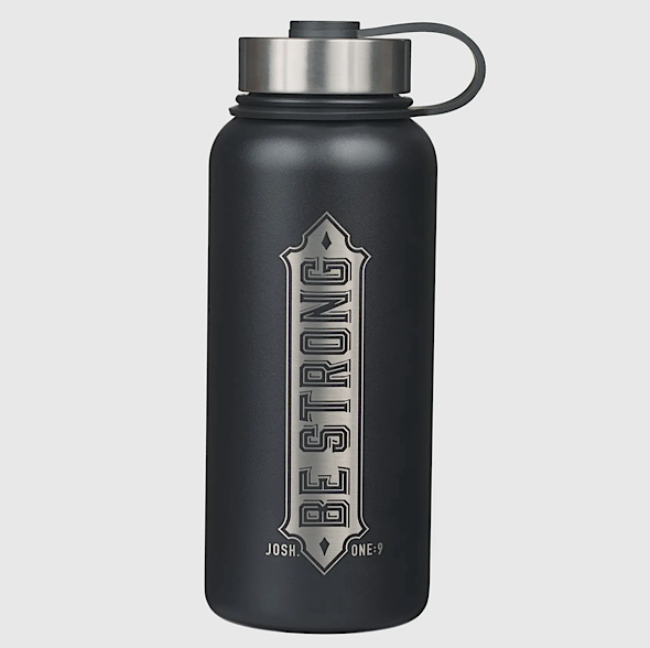 Matte black insulated water bottle with laser-engraved Joshua 1:9, durable Christian fitness bottle