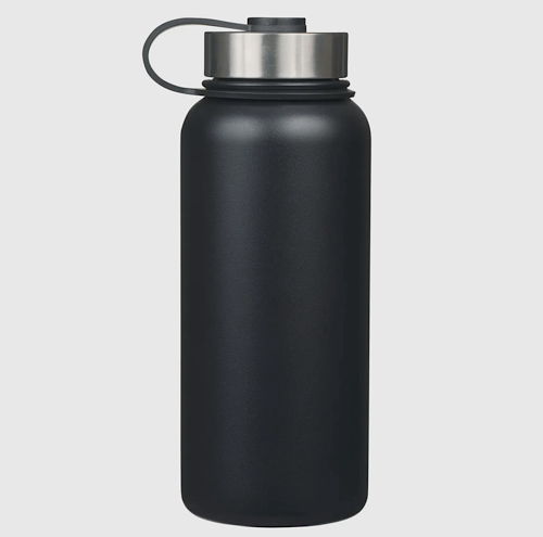 Matte black insulated water bottle with laser-engraved Joshua 1:9, durable Christian fitness bottle