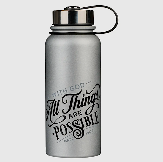 Silver stainless steel water bottle with Matthew 19:26, faith-inspired hydration for active lifestyles