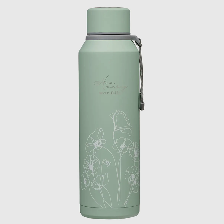 Mint green insulated water bottle with floral design and “New Morning Mercies” message, daily faith reminder