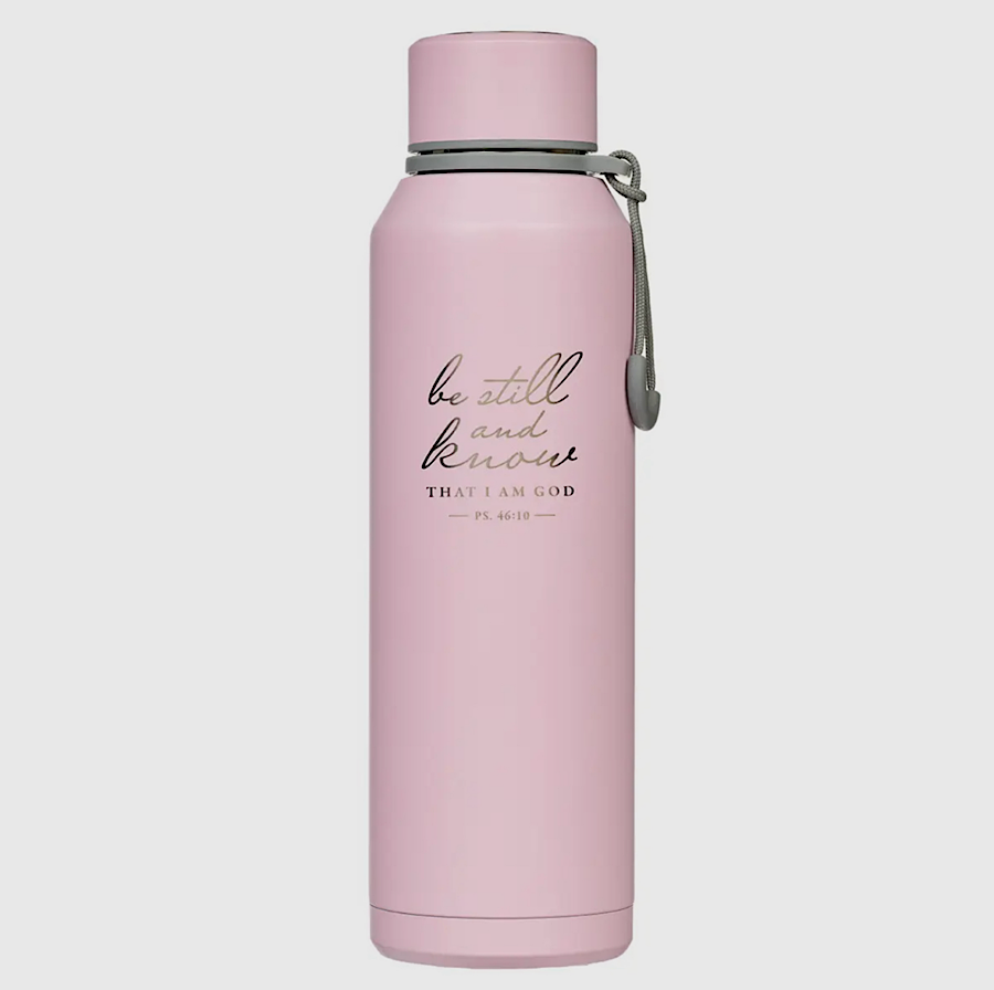 Pink stainless steel insulated water bottle with Psalm 46:10, peaceful Christian encouragement bottle
