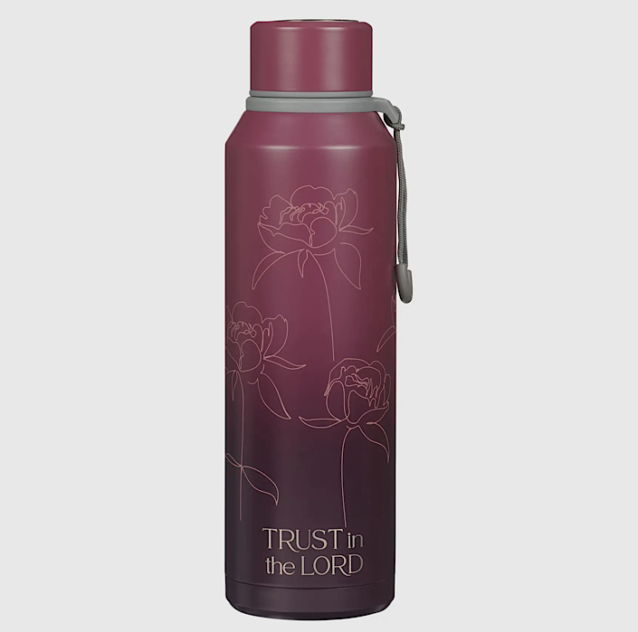 Plum floral water bottle with Proverbs 3:5, ombré matte finish, Scripture-inspired drinkware for women