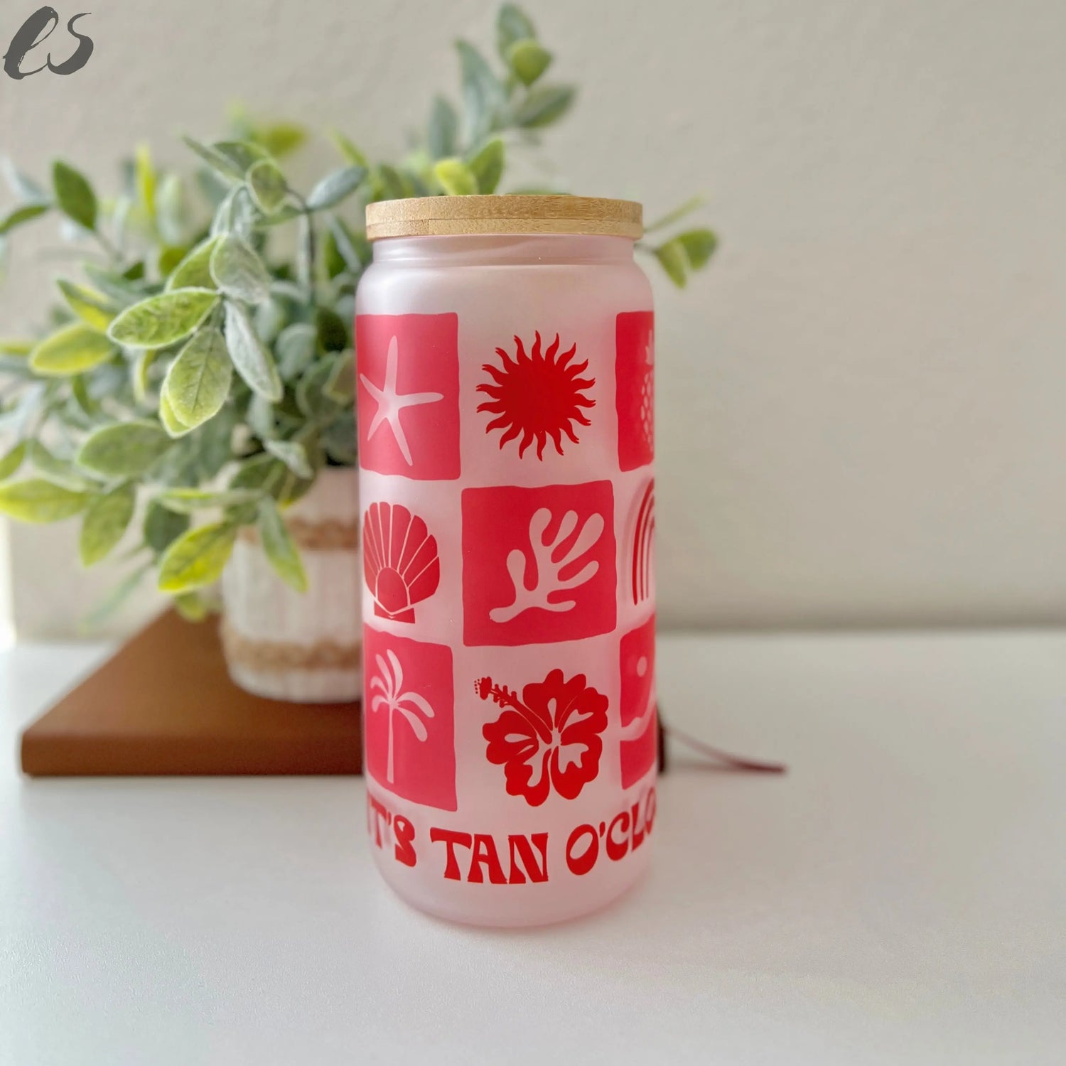 It's Tan O'Clock Boho Retro 20oz Frosted Glass Cup Existential Studio by An