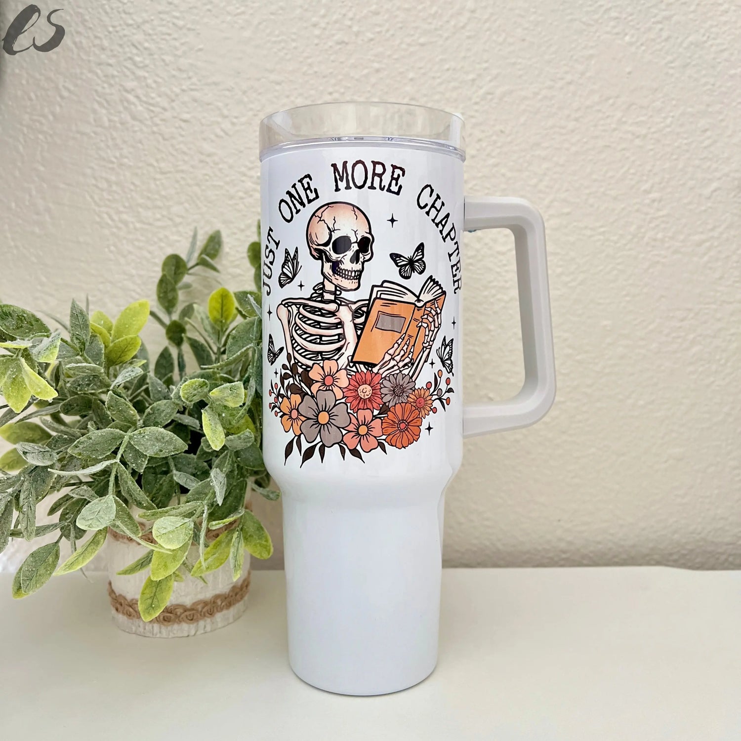 Just One More Chapter Tumbler – Bookish Skeleton Design Existential Studio by An