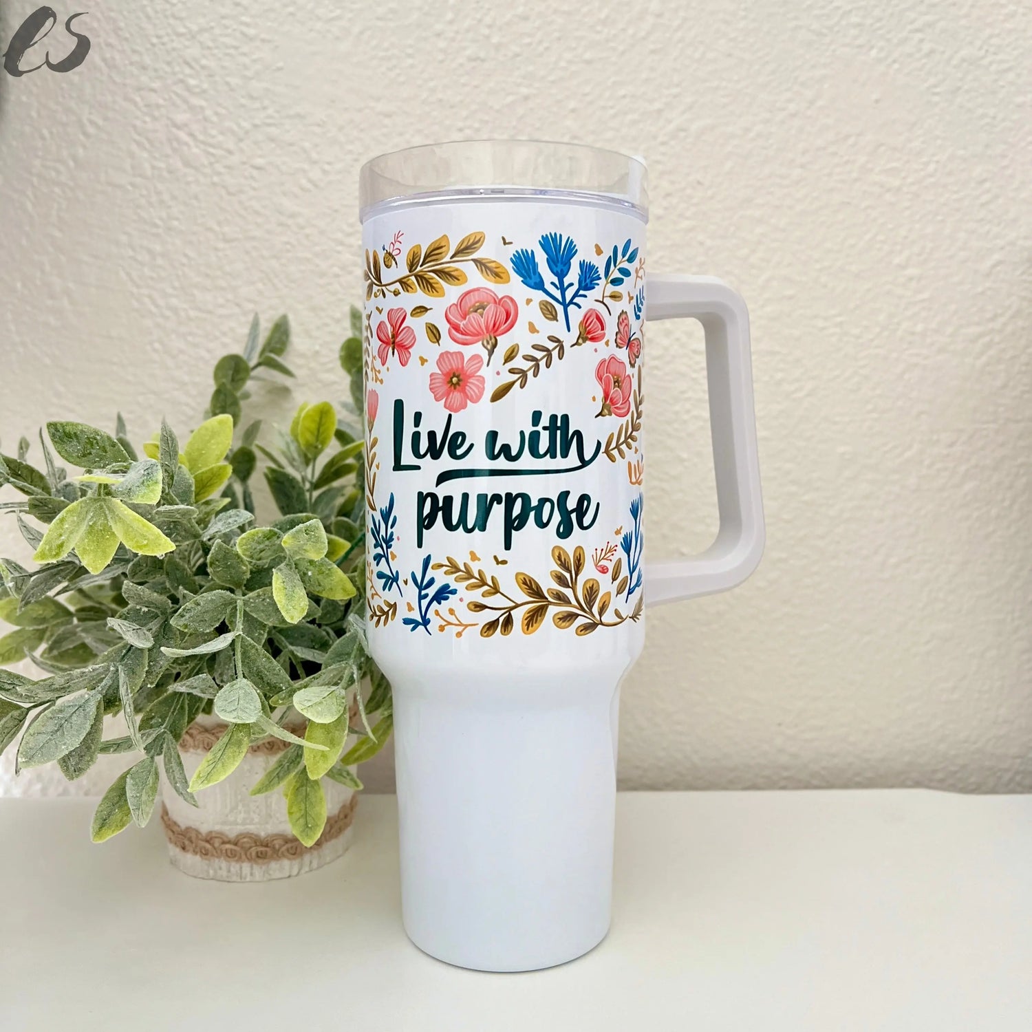 Live with Purpose Traveler Tumbler – Floral Vine Border Existential Studio by An