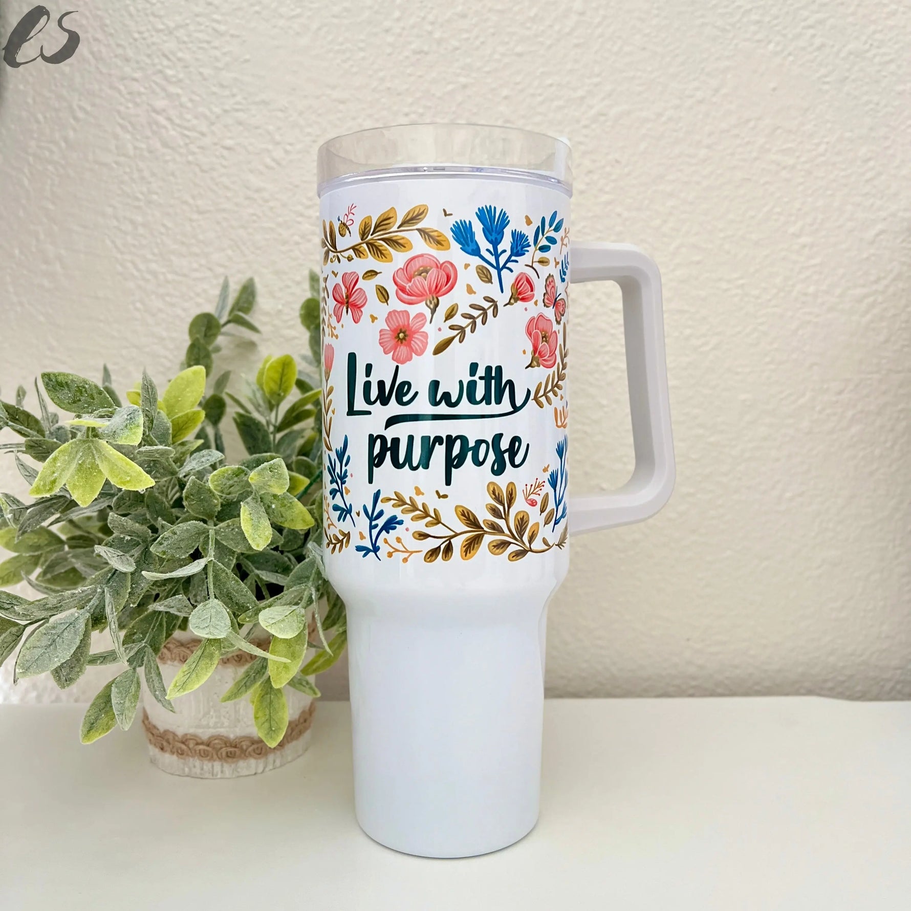 Live with Purpose Traveler Tumbler – Floral Vine Border Existential Studio by An