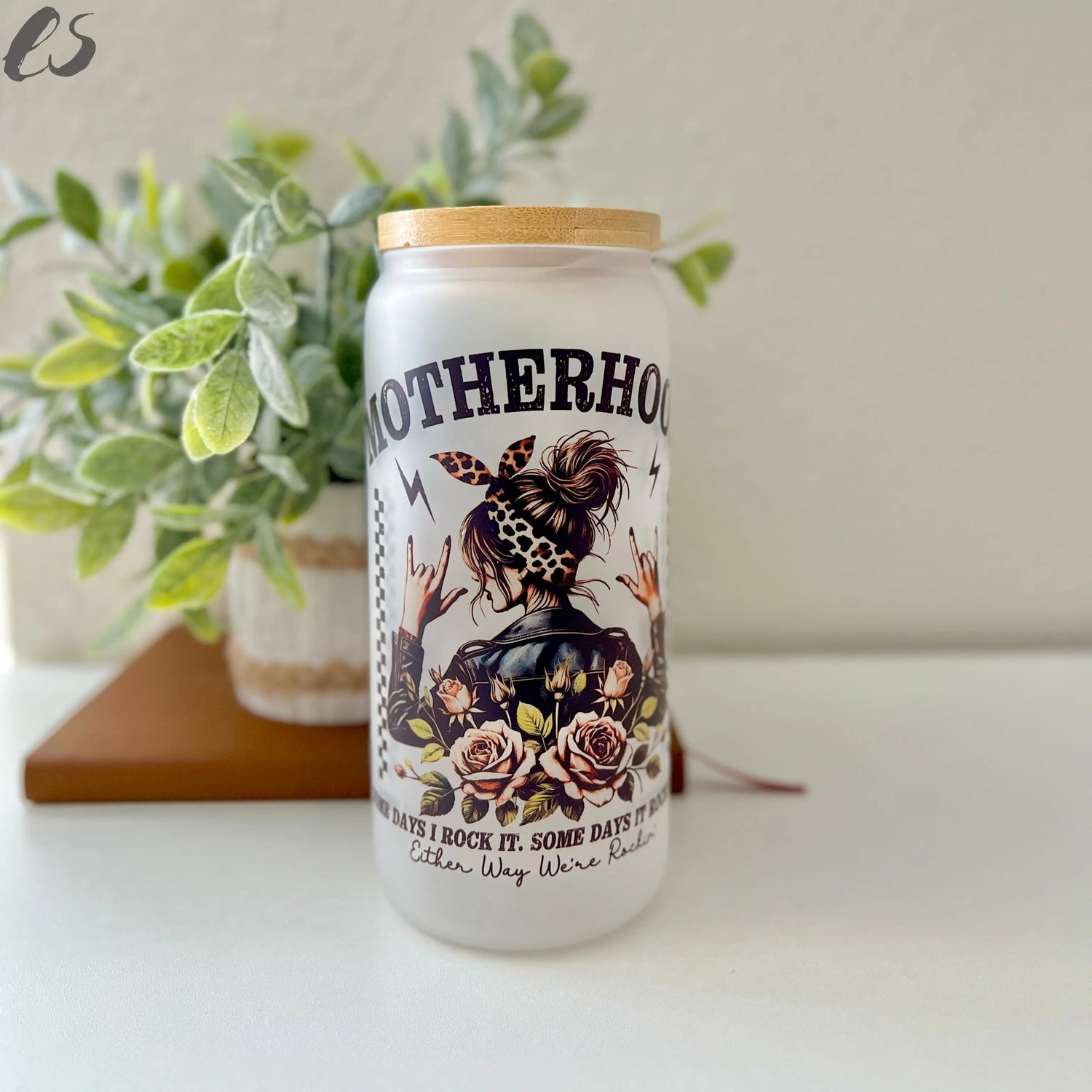 Motherhood Vintage Graphic 20oz Frosted Glass Cup Existential Studio by An