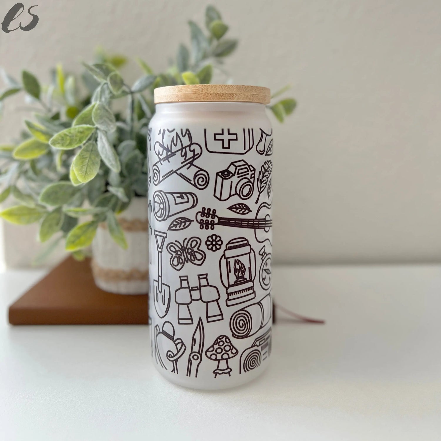 Outdoors-Themed Hand-drawn Line Art 20oz Frosted Glass Cup Existential Studio by An