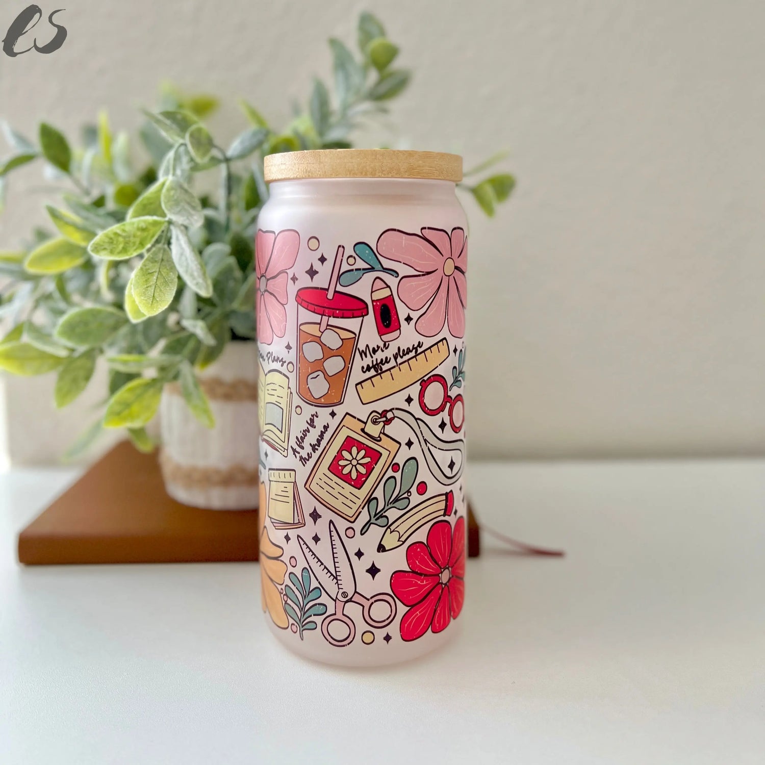 Teacher Theme Boho 20oz Frosted Glass Cup Existential Studio by An