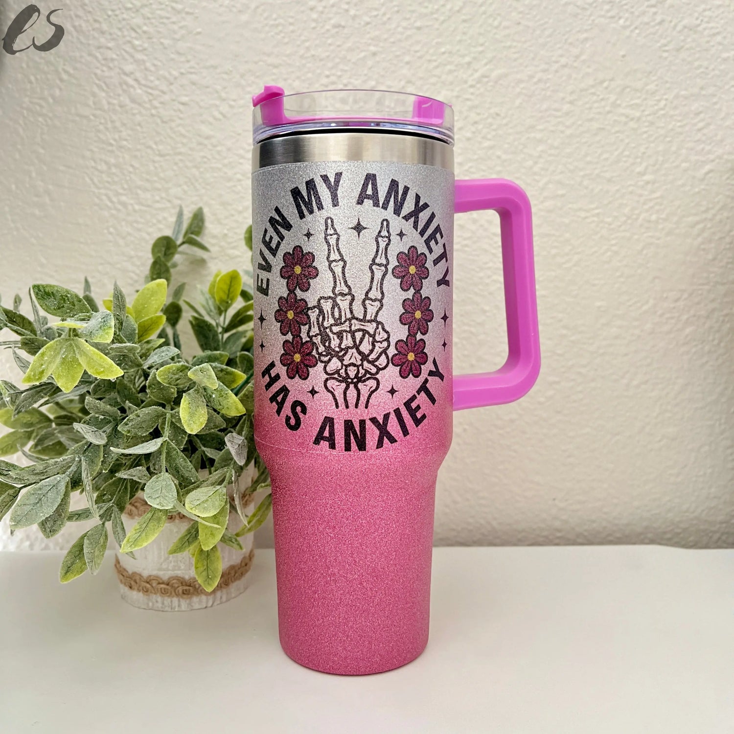 When My Anxiety Has Anxiety Gradient Glitter 40oz Tumbler – Skeleton Peace Sign Design Existential Studio by An