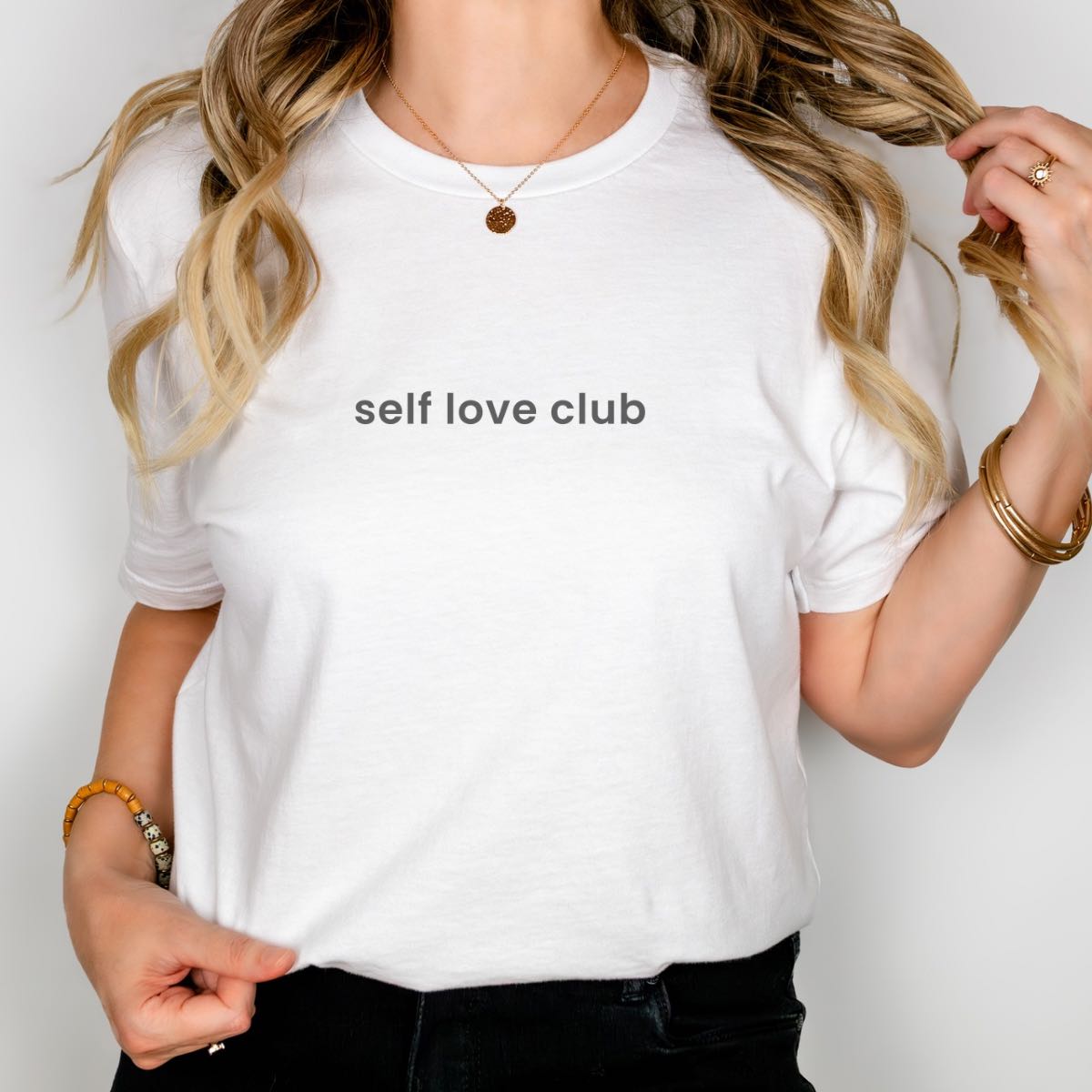 Minimal self love affirmation tee with “Self Love Club” in clean font
